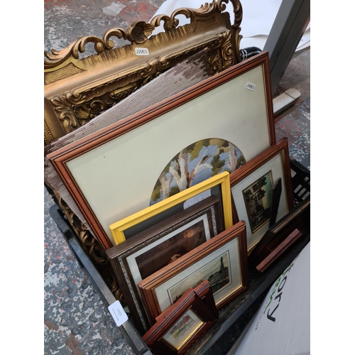 1302 - A large mixed lot to include gilt framed antique style bevelled edge mirror, glassware, pictures, ar... 