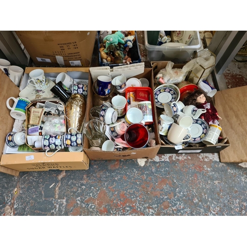 1306 - Three mixed boxes containing crockery, glassware, Foden 10th reunion keyring, buttons, red glass vas... 