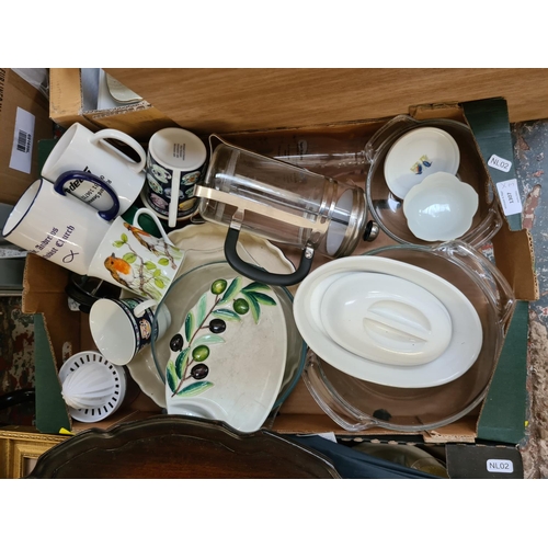 1307 - Three boxes containing crockery, unopened Simple toiletry set, boxed Merlinera musical snow globe, g... 