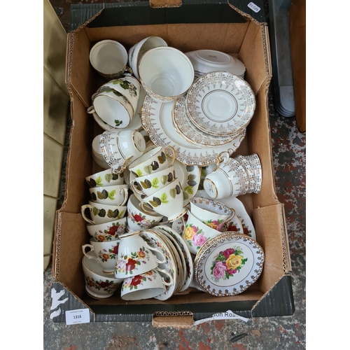 1316 - A box of mixed china to include Regency, Delphine, Royal Sutherland etc.