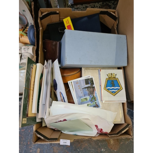 1326 - One box containing CDs, jewellery box and contents, die cast Ford Anglia and Morris Minor cars, leat... 