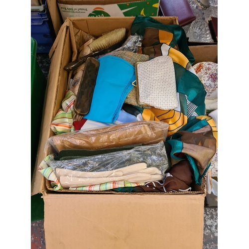 1328 - One box containing vintage handkerchiefs, ladies gloves, clothes brush etc.