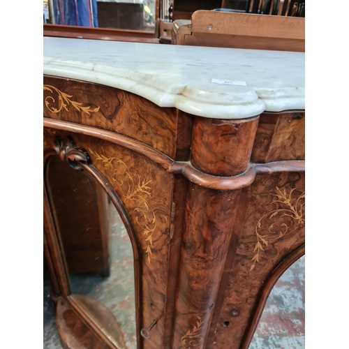 307 - A Victorian inlaid burr walnut and marble top credenza - approx. 150cm wide x 89cm high x 47cm deep