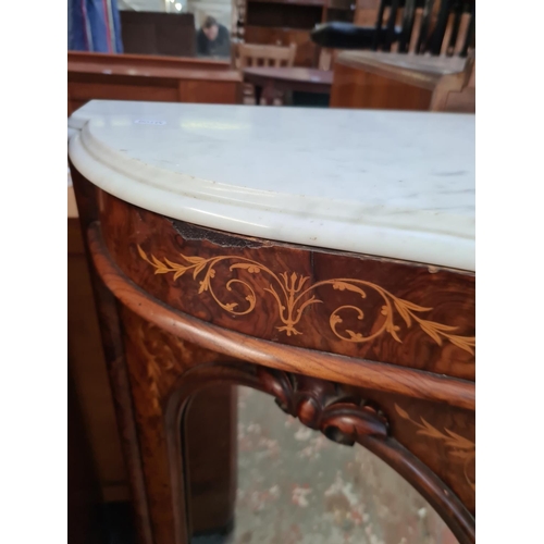 307 - A Victorian inlaid burr walnut and marble top credenza - approx. 150cm wide x 89cm high x 47cm deep