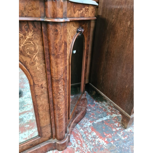 307 - A Victorian inlaid burr walnut and marble top credenza - approx. 150cm wide x 89cm high x 47cm deep