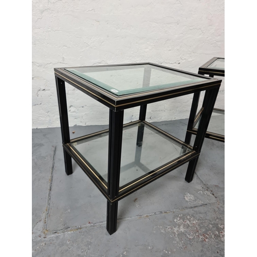 333 - A pair of 1970s Pierre Vandel of Paris black lacquered and glass two tier side tables - approx. 50cm... 