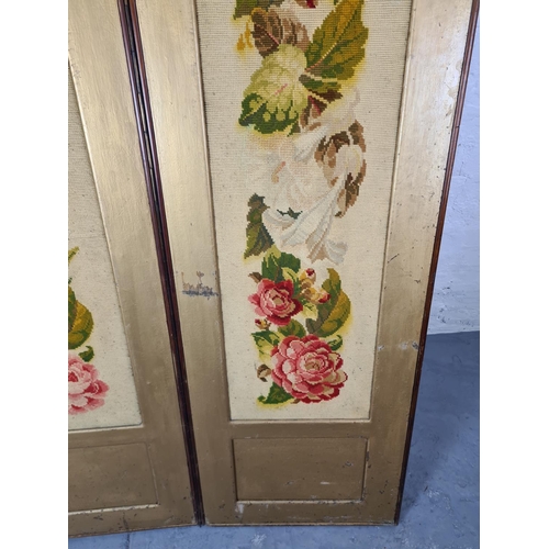 393 - A vintage gold painted three section dressing screen with tapestry inserts