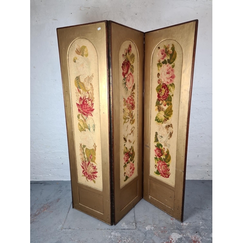 393 - A vintage gold painted three section dressing screen with tapestry inserts