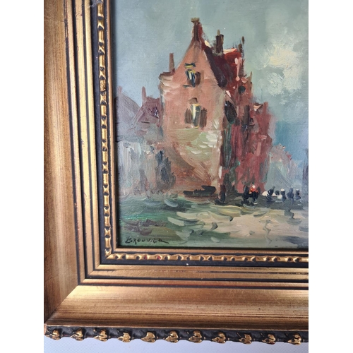 266 - A gilt framed continental impressionist oil on board depicting village scene signed lower left Brouv... 