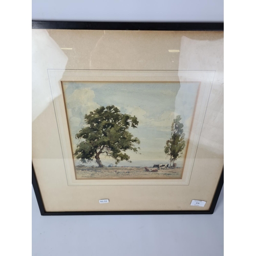 273 - An early 20th century black framed watercolour depicting cattle in field with trees titled 'A Septem... 