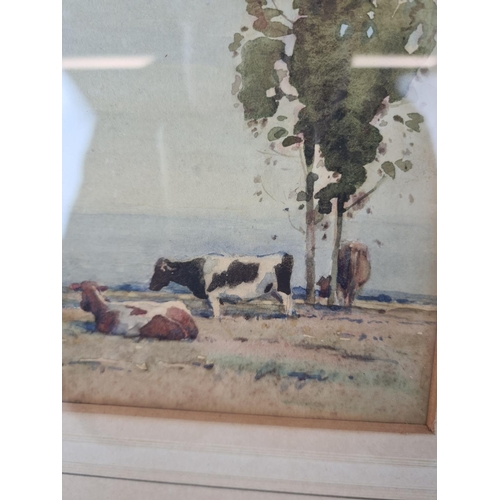 273 - An early 20th century black framed watercolour depicting cattle in field with trees titled 'A Septem... 