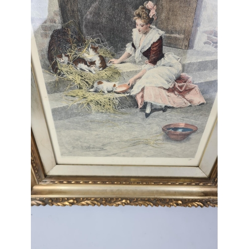 275 - A pair of ornate gilt frames, one containing lithograph titled 'Mes Chats' by Daniel Hernandez appro... 