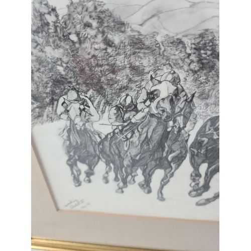 276 - A late 20th century framed pencil sketch of horse racing signed lower right and titled and dated low... 