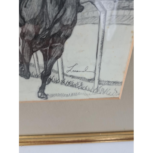 276 - A late 20th century framed pencil sketch of horse racing signed lower right and titled and dated low... 