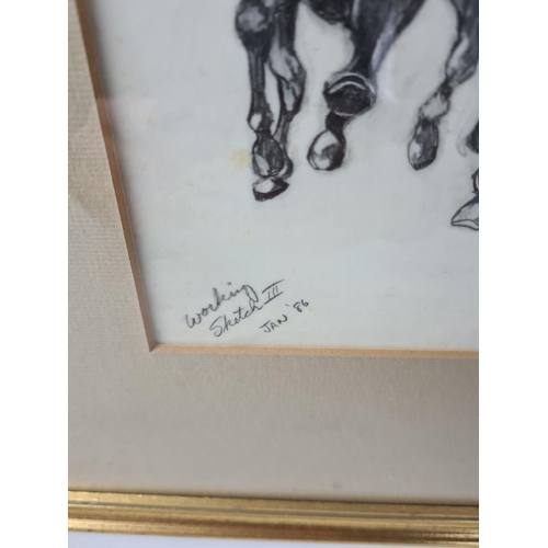 276 - A late 20th century framed pencil sketch of horse racing signed lower right and titled and dated low... 