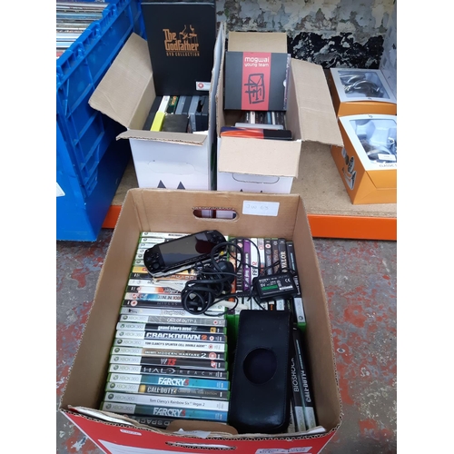 1037 - Three boxes containing Sony PSP with film and game discs, Original Xbox and Xbox 360 games to includ... 