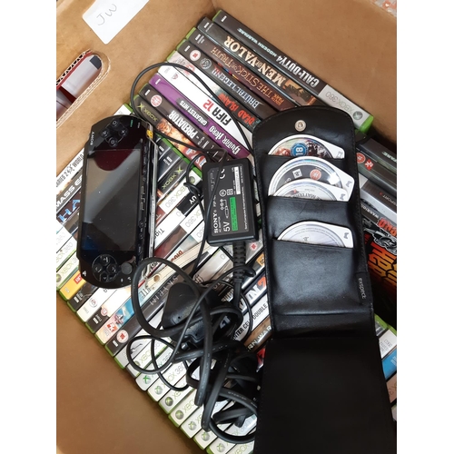 1037 - Three boxes containing Sony PSP with film and game discs, Original Xbox and Xbox 360 games to includ... 