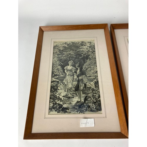 264A - Two oak framed Neyret Freres silk pictures