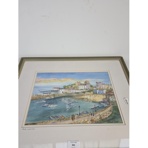 321 - A framed watercolour of Tenby South Wales by Valerie J Tomey - approx. 54cm x 44cm