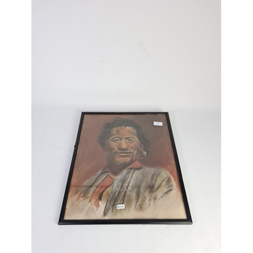 322 - A framed pastel of a Tibetan wool merchant with signature lower left - approx. 48cm x 40cm