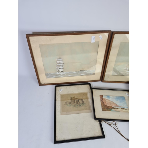 330 - Five various framed pictures to include two pastel and pencil pictures of sailing ship scenes by J. ... 