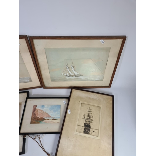 330 - Five various framed pictures to include two pastel and pencil pictures of sailing ship scenes by J. ... 