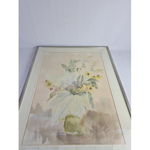 332 - A framed still life print of flowers pencil signed lower right by F.C.B. - approx. 91cm x 68cm