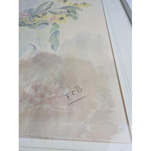 332 - A framed still life print of flowers pencil signed lower right by F.C.B. - approx. 91cm x 68cm