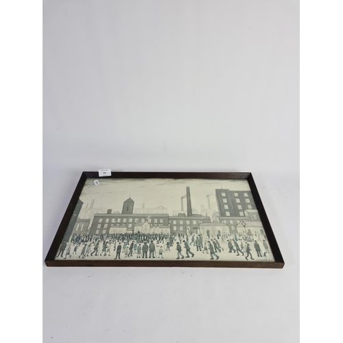 335 - A framed print titled ‘Outside The Mills’ by L.S. Lowry - approx. 53cm x 31cm