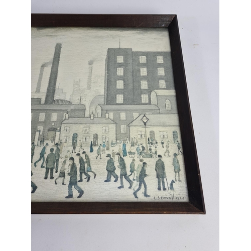 335 - A framed print titled ‘Outside The Mills’ by L.S. Lowry - approx. 53cm x 31cm