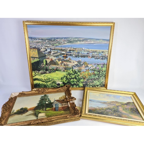 336 - Three gilt framed oil on canvas paintings to include one of Newlyn harbour, one of a coastal scene s... 