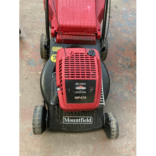 1264 - A black and red Mountfield HP470 petrol lawnmower with Briggs & Stratton engine and grass collector