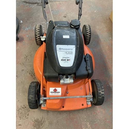 1265A - A black and orange Husqvarna LB553S professional petrol lawnmower with Honda GCV170 engine for spare... 