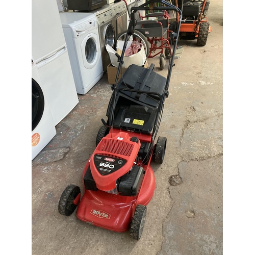 1268 - A black and red Rover 880 petrol lawnmower with grass collector