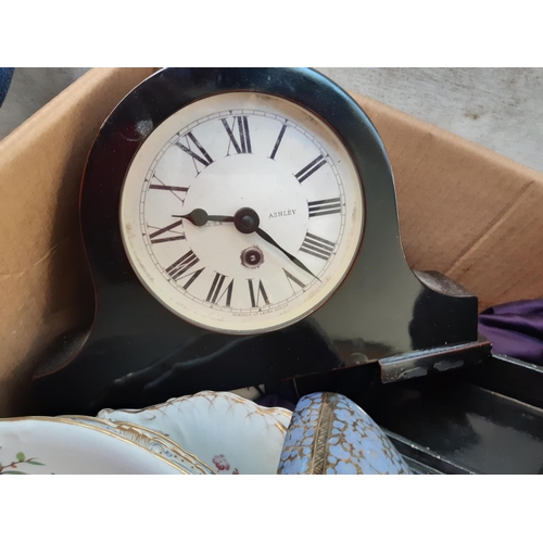 1369 - A box containing various items to include Laura Ashley mantel clock, Chinese blue and white ceramic ... 