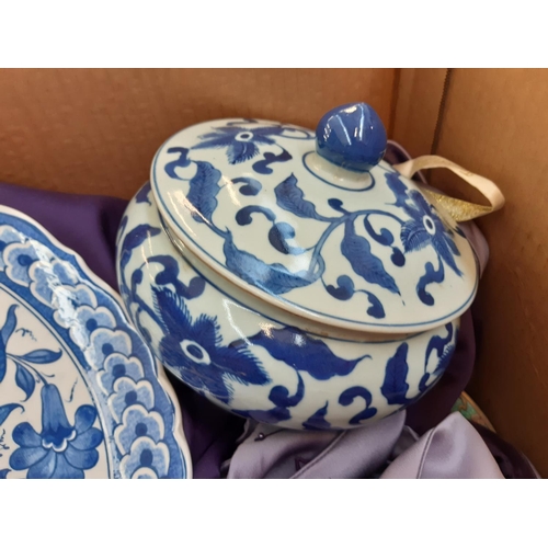 1369 - A box containing various items to include Laura Ashley mantel clock, Chinese blue and white ceramic ... 