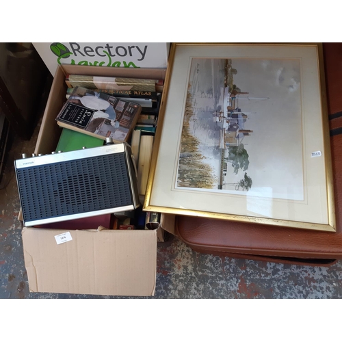 1376 - A mixed lot to include vintage Ferguson 3188 portable radio, books, ceramic table lamp, large orient... 