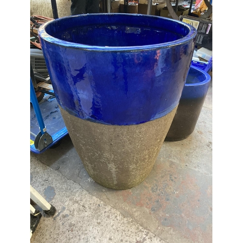 1300 - Two good quality blue glazed terracotta planters, one oval approx. 16