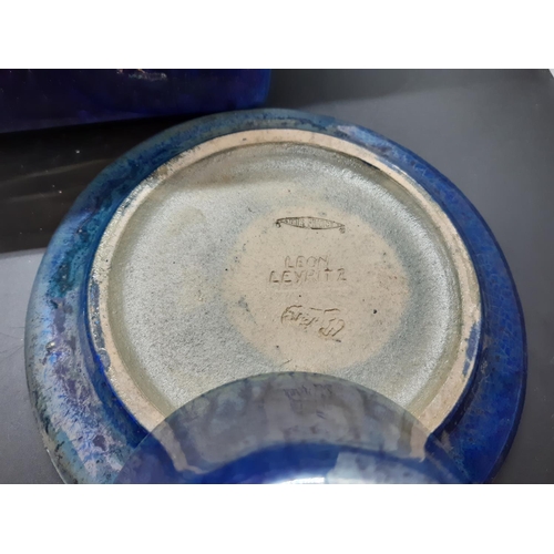 103 - A Leon Leyritz of France blue studio pottery five piece tea set comprising teapot, two cups and two ... 