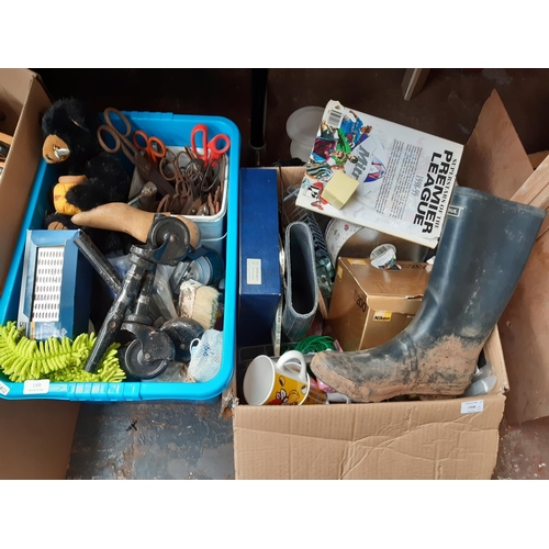 1308 - Two boxes containing Avenue wellington boots, cobblers shoe mould, vintage scissors, Ring camping li... 