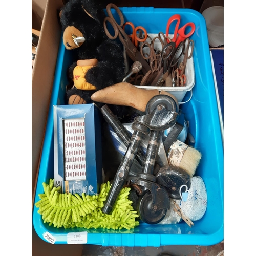 1308 - Two boxes containing Avenue wellington boots, cobblers shoe mould, vintage scissors, Ring camping li... 