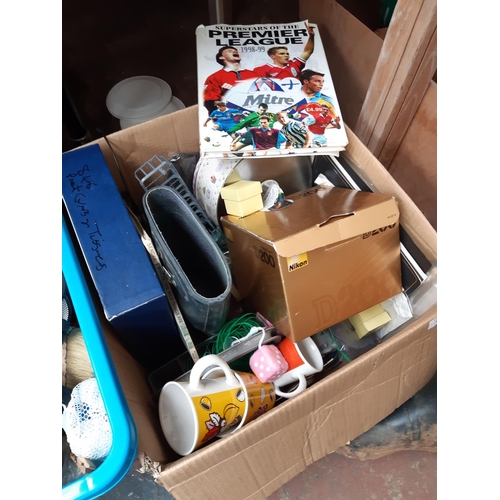 1308 - Two boxes containing Avenue wellington boots, cobblers shoe mould, vintage scissors, Ring camping li... 