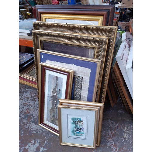 1313 - A mixed lot of framed prints to include The Harbour of St. Thomas, Egyptian style papyrus, pencil si... 