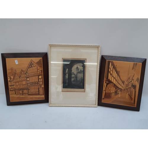 1315 - Three various pictures, two oak framed marquetry panels and one pencil signed etching of 'The Freyun... 