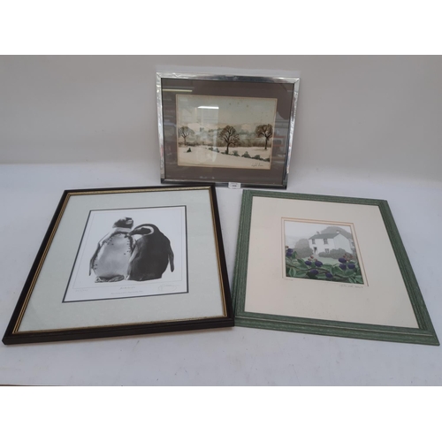 1319 - Three various pictures, one framed watercolour of a winter scene by Sybil Swan, one original acrylic... 