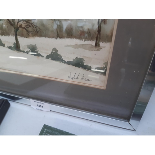 1319 - Three various pictures, one framed watercolour of a winter scene by Sybil Swan, one original acrylic... 