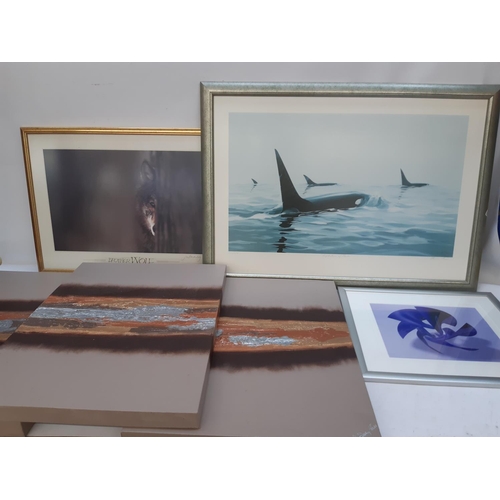 1320 - A mixed lot of framed pictures and photographs to include Brother Wolf, canvases, killer whales etc.