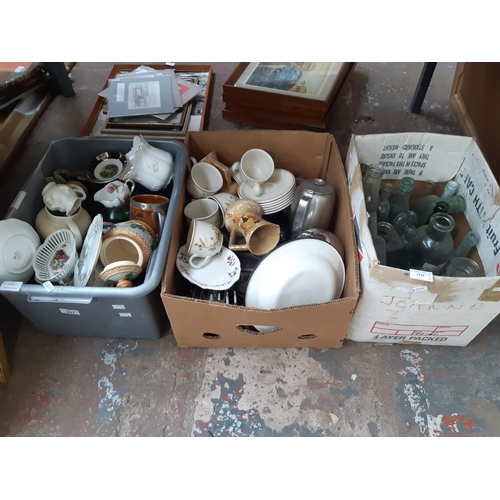 1339 - Three boxes containing vintage glass bottles, stainless steel tea set, enamel bowls, Queen Anne chin... 