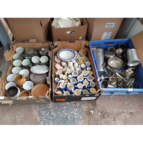 1350 - Three boxes containing aluminium tankard, candle sticks, milk jugs, cups and saucers etc.