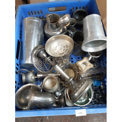 1350 - Three boxes containing aluminium tankard, candle sticks, milk jugs, cups and saucers etc.